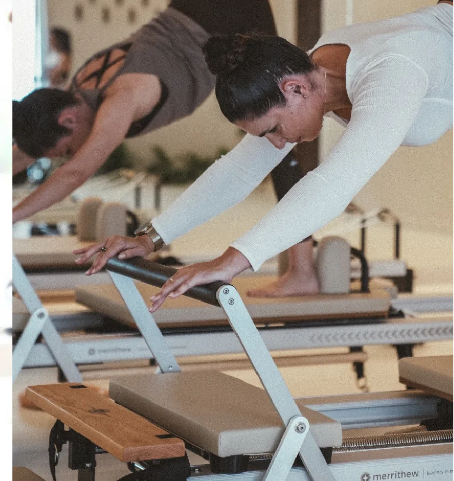 Nadia Katz demonstrating a strong Pilates reformer position